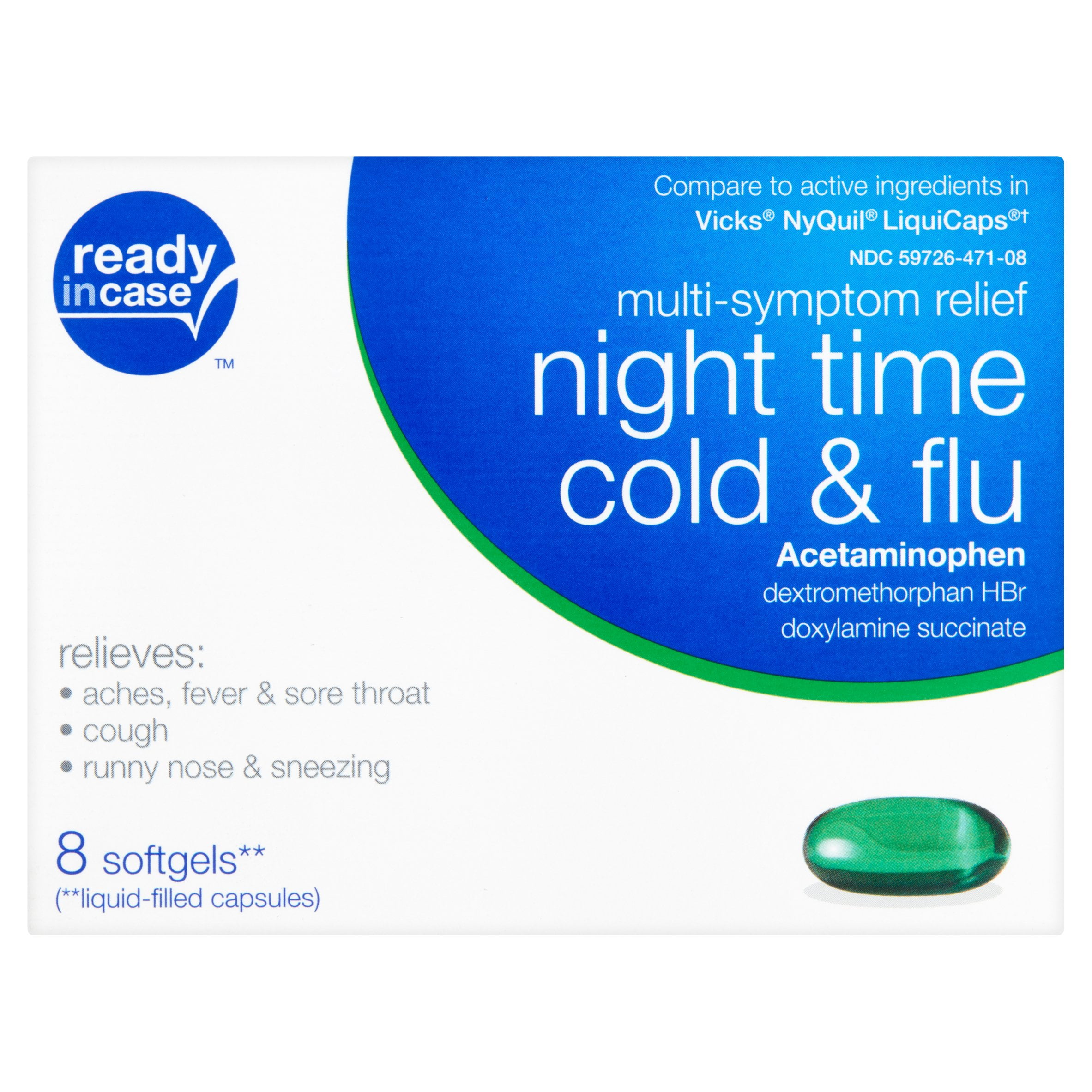 Ready in Case Night Time Cold & Flu MultiSymptom Relief Softgels, 8