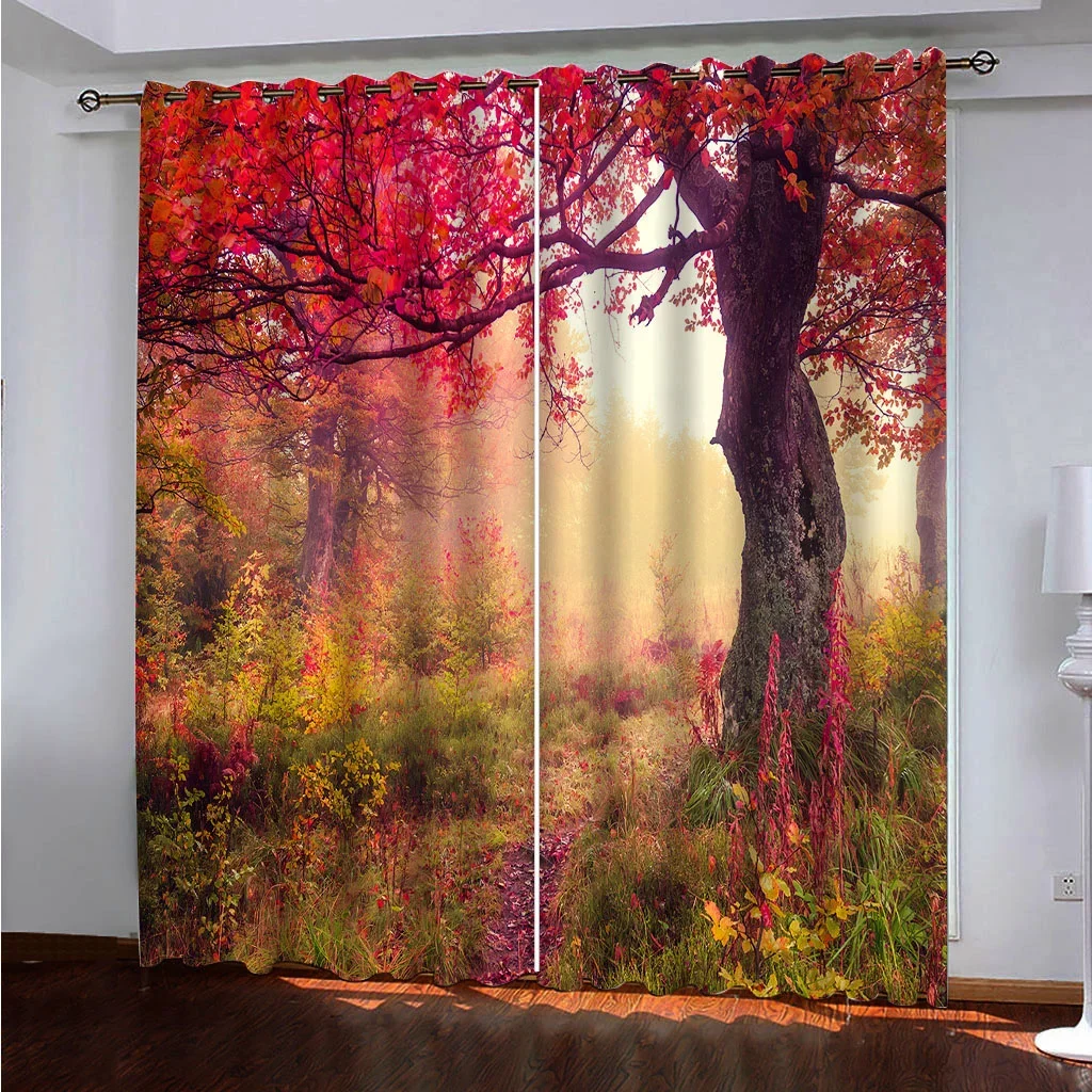 Readymade Natural Senery Forest Sunset Thin Window Curtains For Kids