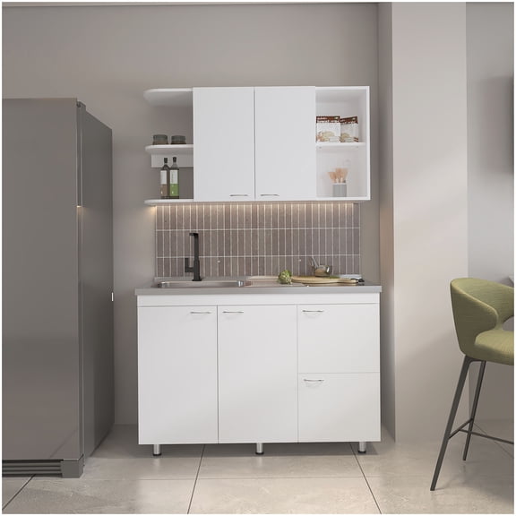 Ready-to-Assemble Kitchen Cabinet Set in White, 6-Door Design with 9 Adjustable Shelves, Space Saving