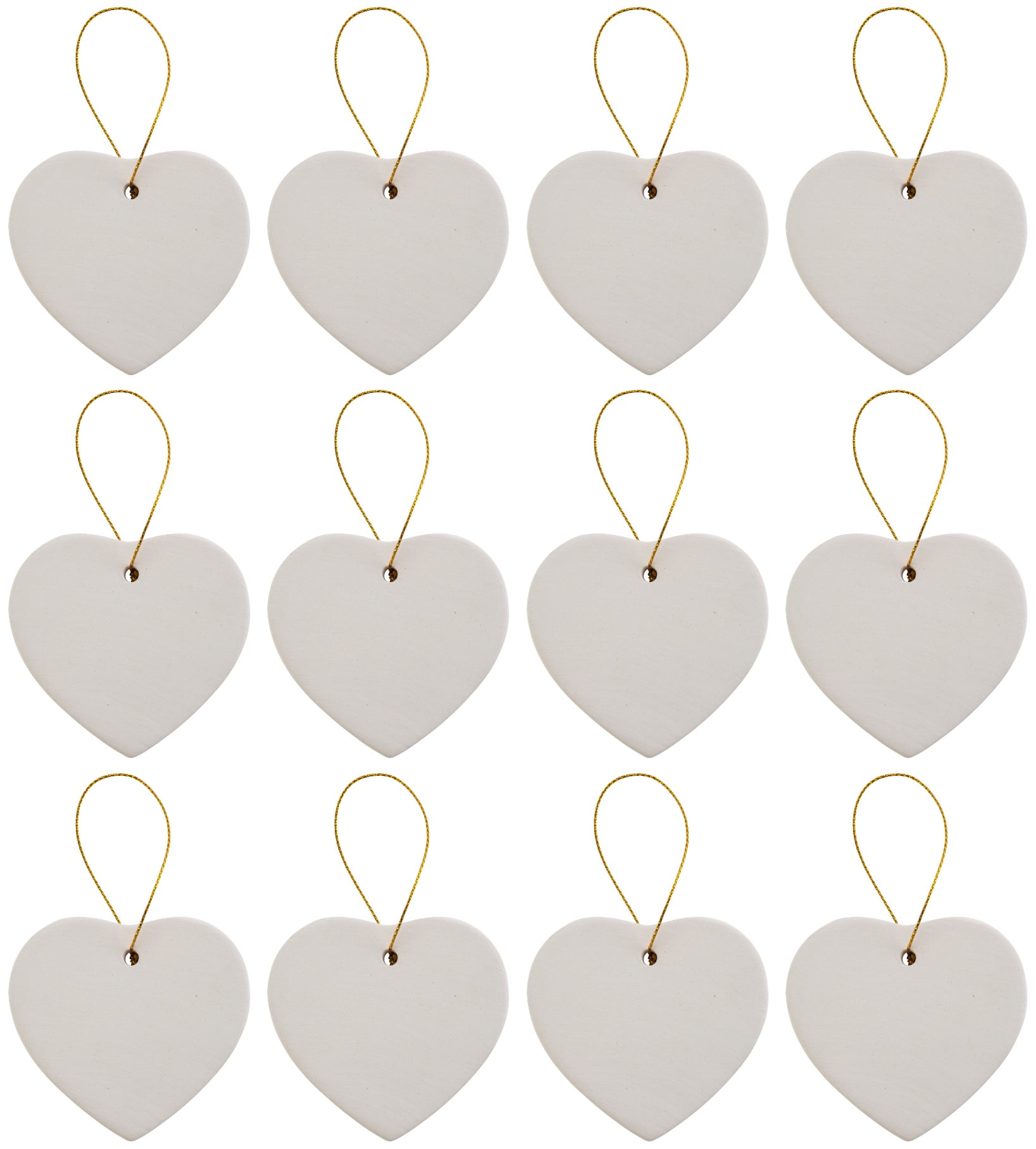 DIY Ceramic Bisque Heart Ornaments with Gold Hanger, 12 Pack