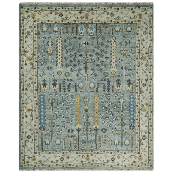 Ready to Ship 8x10, 9x12 Aqua and Ivory Tree Design Hand Knotted Wool Area Rug