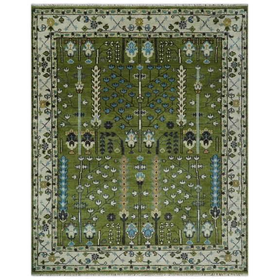Ready to Ship Hand Knotted Green and Ivory Traditional Wool Area Rug