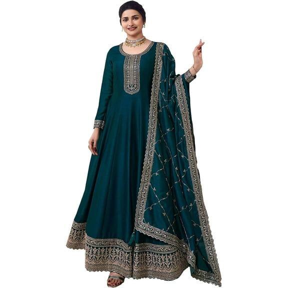 Ready to Wear Indian Designer Anarkali Gown Suits Pakistani Salwar Kameez Dress ( Teal Blue, L - 42 )