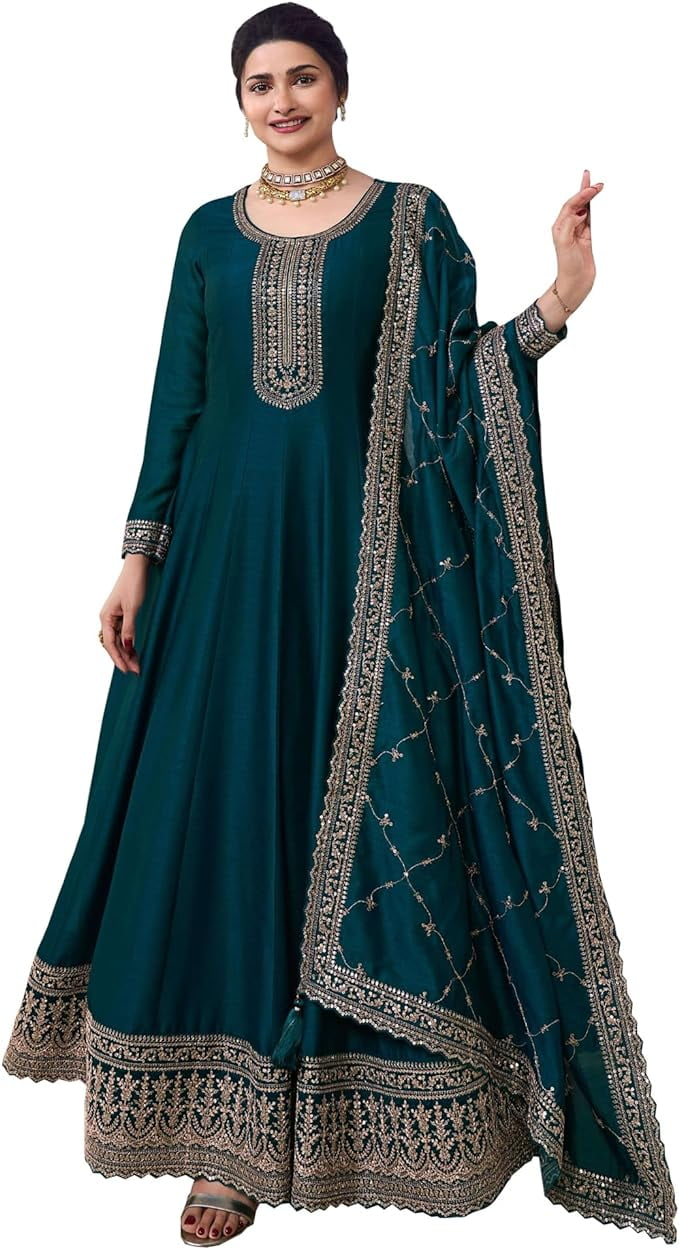 white christmas dresses Teal Muga Silk Anarkali Suit for Indian & Pakistani Wedding Festival main image 1