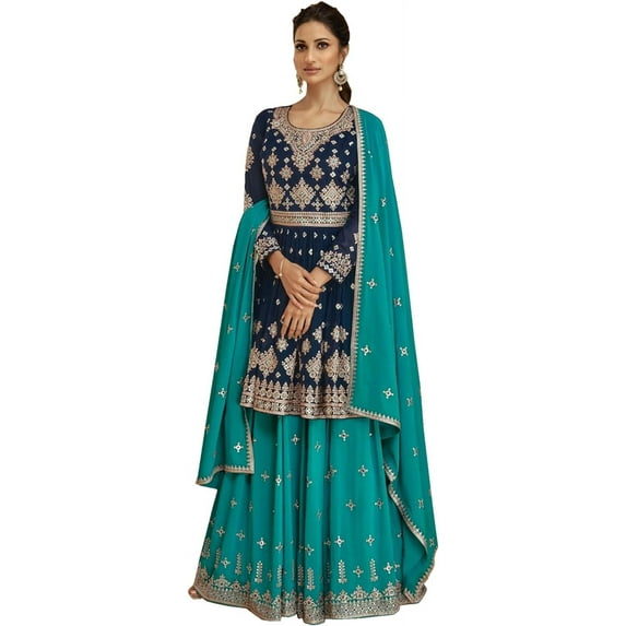 Ready to Wear Indian Designer Salwar Kameez Dress Pakistani Sewn Lengha Suits ( Blue, XXL - 46 )
