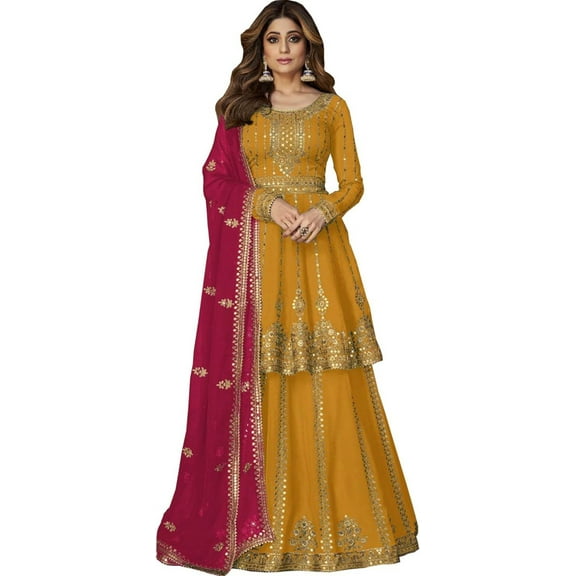 Ready to Wear Indian Pakistani Designer Salwar Kameez Anarkali Lengha Suits ( Yellow, 5XL - 52 )