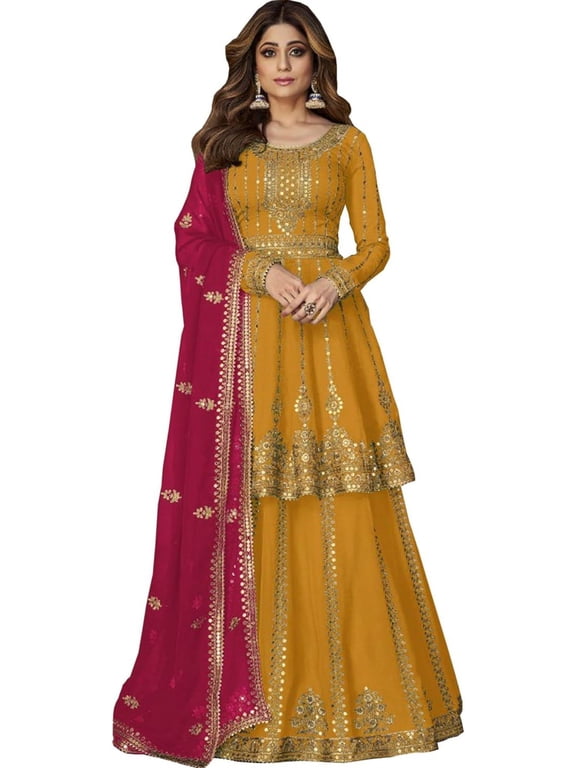 Ready to Wear Indian Pakistani Designer Salwar Kameez Anarkali Lengha Suits ( Yellow, S - 38 )