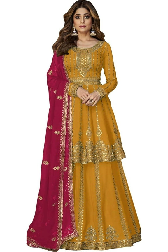 Ready to Wear Indian Pakistani Designer Salwar Kameez Anarkali Lengha Suits ( Yellow, XS - 36 )