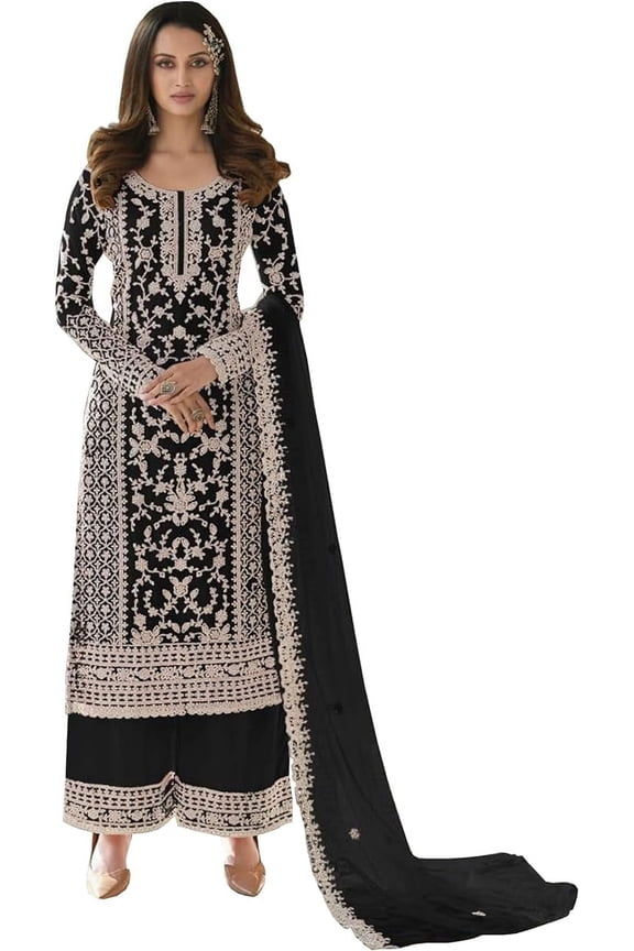 Ready to Wear Indian Pakistani Shalwar Kameez Suits Designer Palazzo Outfits ( Black, XXL - 46 )