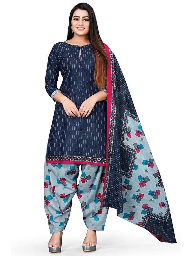 Ad Exports Ready to Wear Indian Style Cotton Salwar Kameez Punjabi Designer Dress, Women's, Size: XL, Blue
