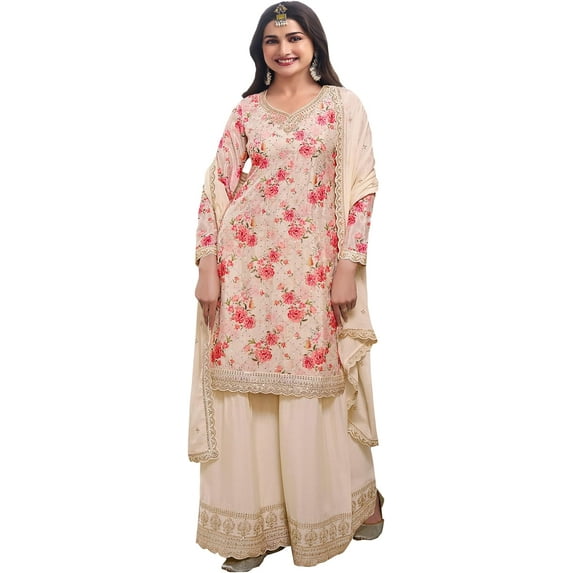 Ready to Wear Pakistani Sharara Plazzo Suits Indian Designer Salwar Kameez Dress ( White, XS - 36 )