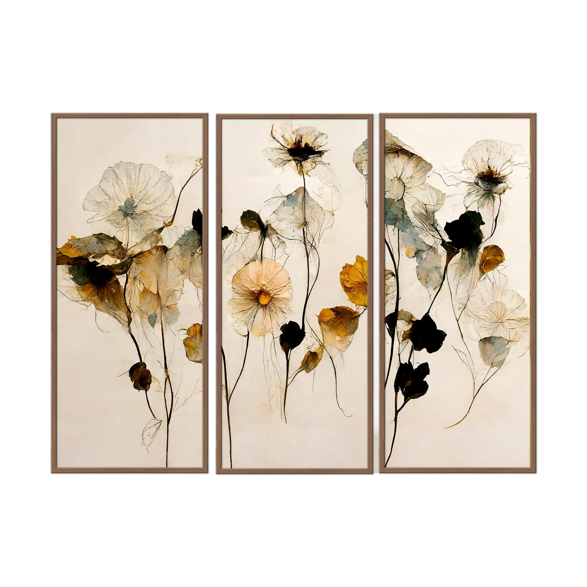 Beautiful Dry Flowers Beige and Black 3-Piece Framed Painting Set