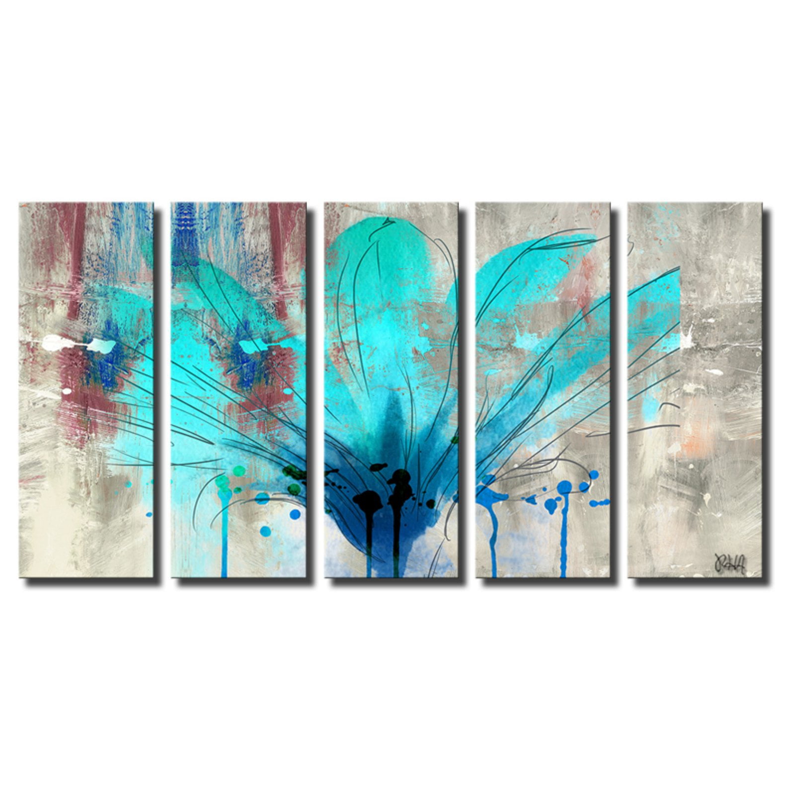 Large Abstract Teal and Crimson Canvas Wall Art Set