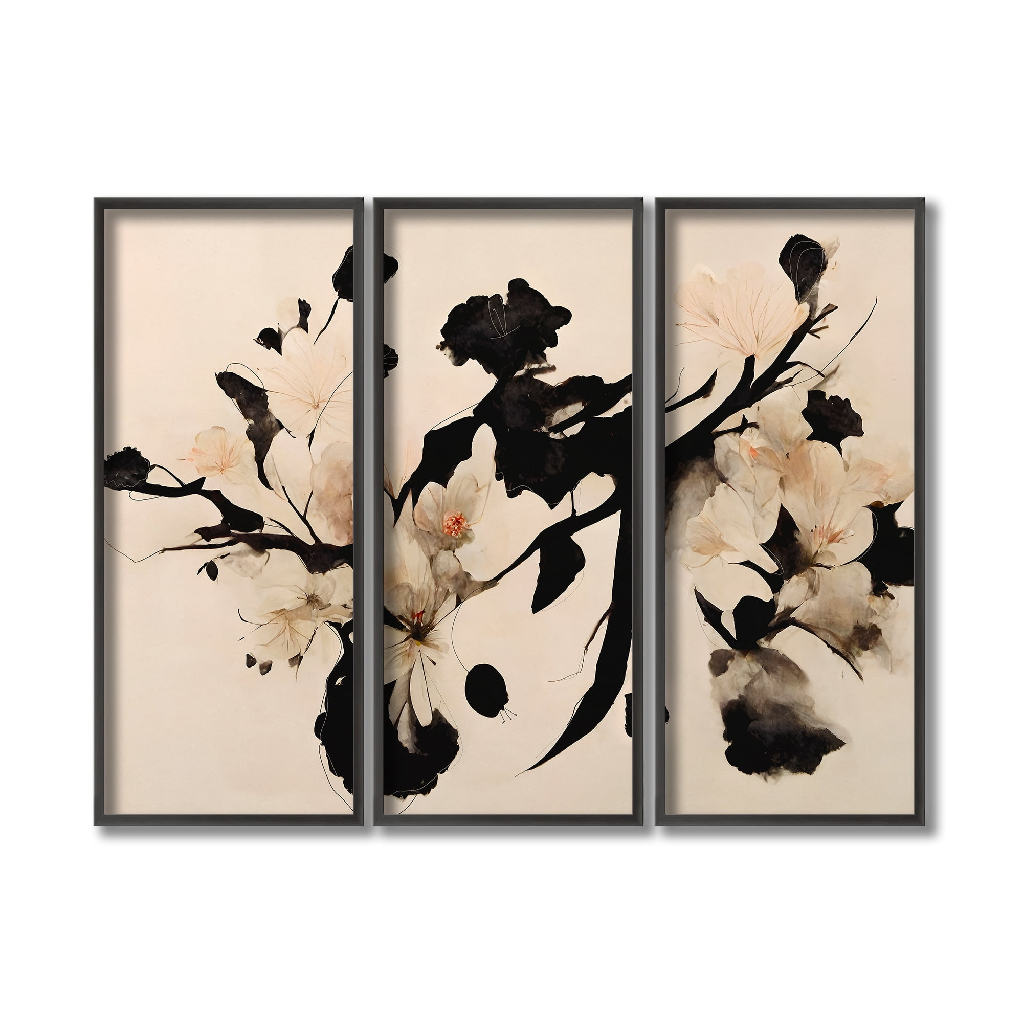 Cherry Blossom Branch Beige and Black 3-Piece Wall Art Set