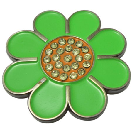 ReadyGolf: Hippie Flower Ball Marker Hat Clip with Crystals - Green with Orange