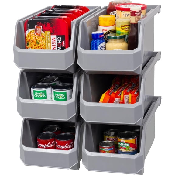ReadySpace Plastic Containers for Organizing and Storage Bins for Closet, Kitchen, Office, Garage or Pantry Organization, Stackable Bins, Large (14.8" x 8" x 7"), 6-Pack, Grey