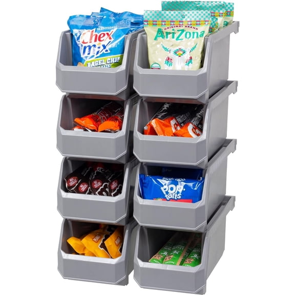 ReadySpace Plastic Containers for Organizing and Storage Bins for Closet, Kitchen, Office, Garage or Pantry Organization, Stackable Bins, Medium (11" x 5" x 5.5"), 8-Pack, Grey