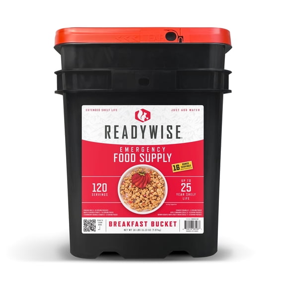 ReadyWise Breakfast Bucket with 120 Servings Emergency Food Supply, 25-Year Shelf Life, Ideal for Survival & Camping