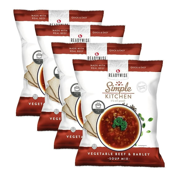 ReadyWise Simple Kitchen Restaurant Quality Soup Mix|Vegetable Beef & Barley Soup Mix 17 Servings per Pouch Food|Large Family Events, Catering, Emergency Meals, Vegetarian & Gluten-Free, Pack of 4