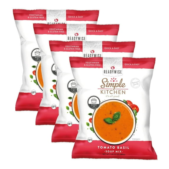 ReadyWise Simple Kitchen | Tomato Basil Soup Mix | 17 Servings per Pouch | Great for Events, Restaurants, Food Service, Emergency Food Storage, or Everyday Use, Vegetarian and Gluten-Free, Pack of 4