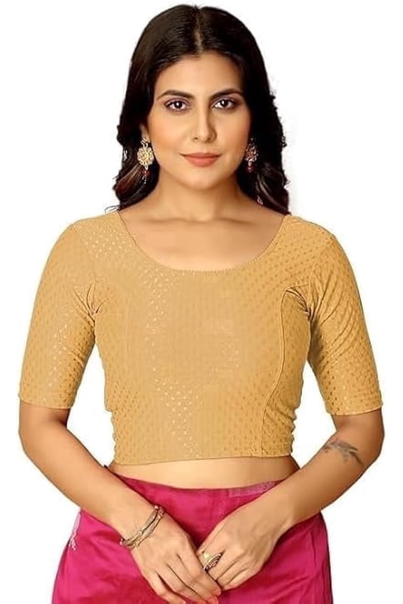 Readymade Saree Blouse with Short Sleeves, Stretchable Ethnic Blouse for Daily & Festive Wear Beige 2