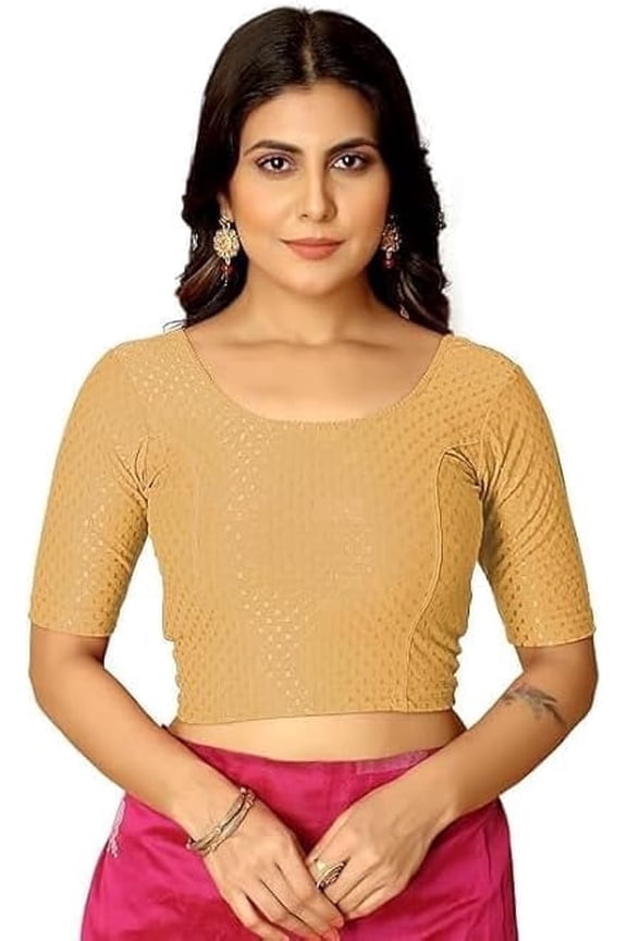 Readymade Saree Blouse with Short Sleeves, Stretchable Ethnic Blouse for Daily & Festive Wear Beige 3