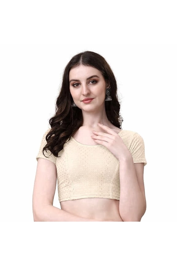Readymade Saree Blouse with Short Sleeves, Stretchable Ethnic Blouse for Daily & Festive Wear Cream
