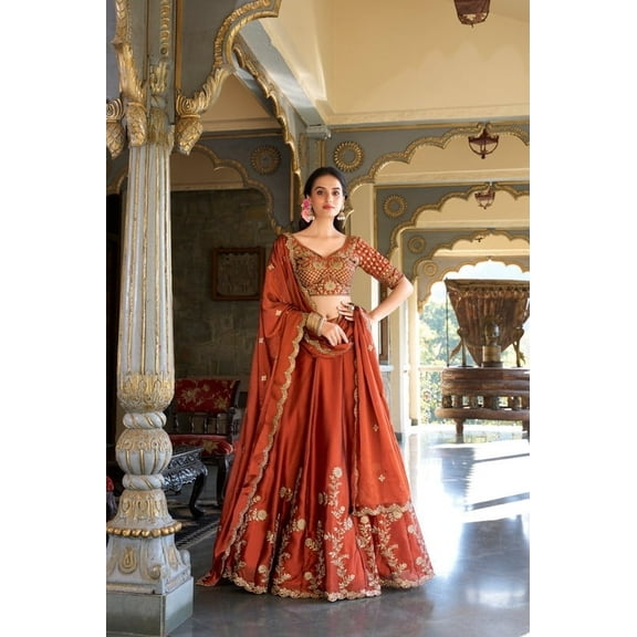 ReadyToWearshop Silk Lehenga Choli, Orange Sequins Embroidered, Women's
