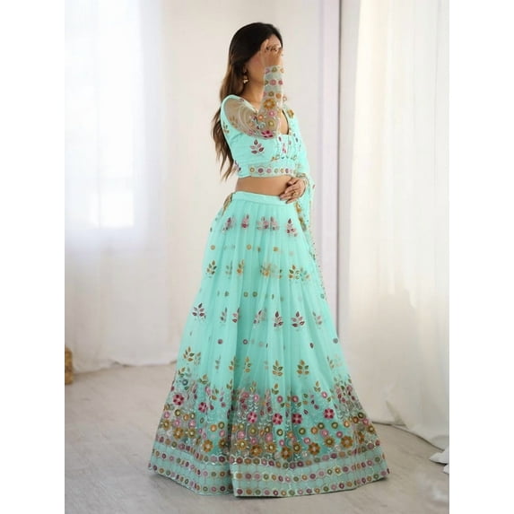 Readytowearshop Women's Light Turquoise Semi-Stitched Lehenga Choli with Sequin Floral Embroidery, V- Neckline, and Tie-Back Blouse