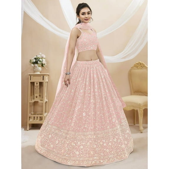 Readytowearshop Women's Pink Made-to-Measure Lehenga Choli with Sequin Floral Embroidery, Heart-Shaped Neckline, and Tie-Back Blouse