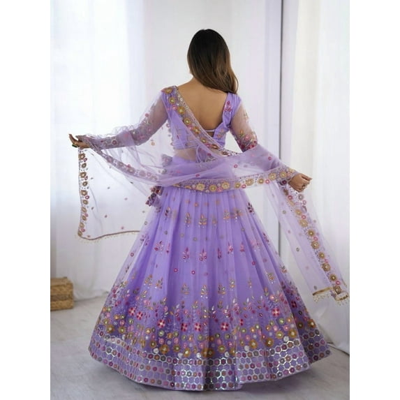 Readytowearshop Women's Purple Semi-Stitched Lehenga Choli with Sequin Floral Embroidery, V- Neckline, and Tie-Back Blouse