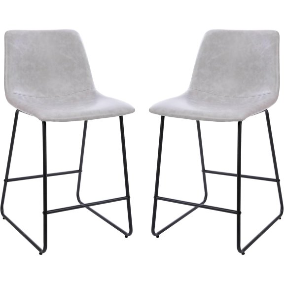 Reagan 24" LeatherSoft Counter Height Stools with Footrest, Mid-Century Modern Bucket Style Dining Chairs, Set of 2, Light Gray