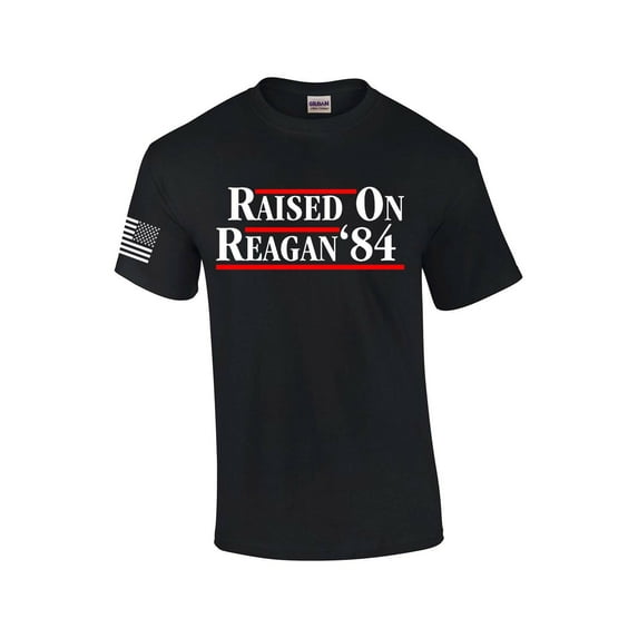 Reagan Bush 1984 Raised On Reagan Campaign Mens Flag Sleeve T-shirt-Black-xxl