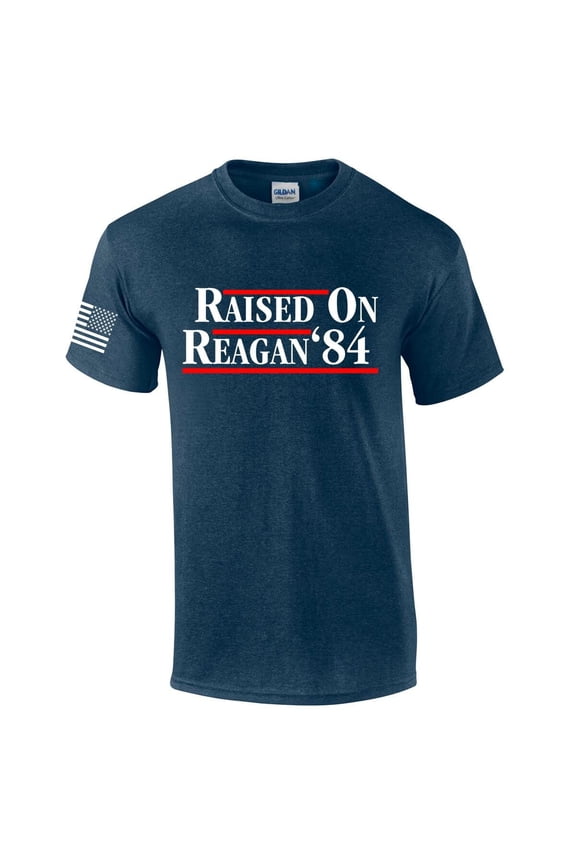 Reagan Bush 1984 Raised On Reagan Campaign Mens Flag Sleeve T-shirt-Heather Navy-large