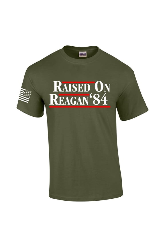 Reagan Bush 1984 Raised On Reagan Campaign Mens Flag Sleeve T-shirt-Military-large