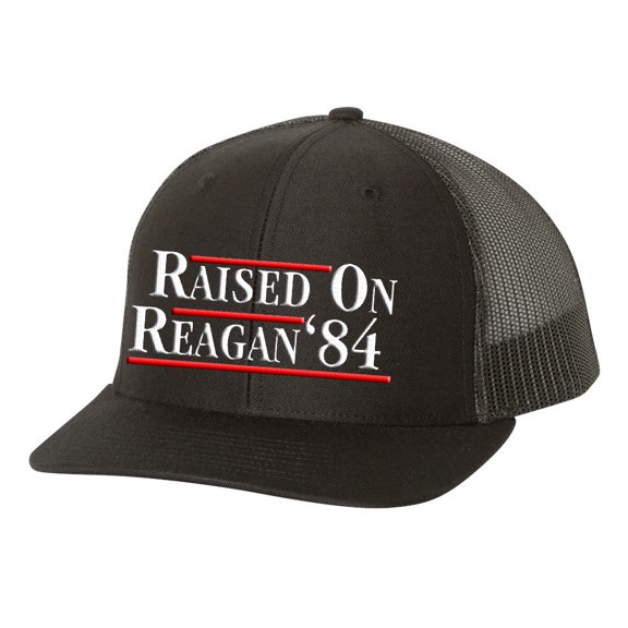 Reagan Bush 1984 Raised On Reagan Political Mens Embroidered Mesh Back Trucker Hat, Black/Black