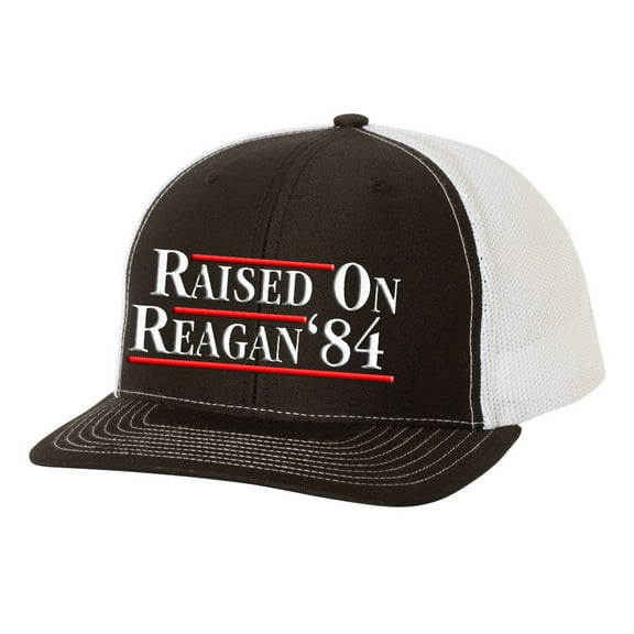 Reagan Bush 1984 Raised On Reagan Political Mens Embroidered Mesh Back Trucker Hat, Black/White