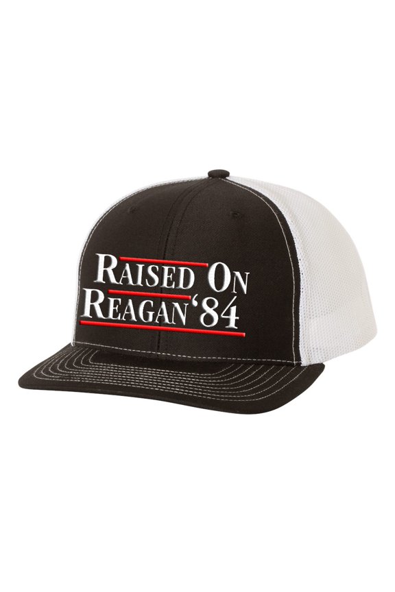 Reagan Bush 1984 Raised On Reagan Political Mens Embroidered Mesh Back Trucker Hat, Black/White
