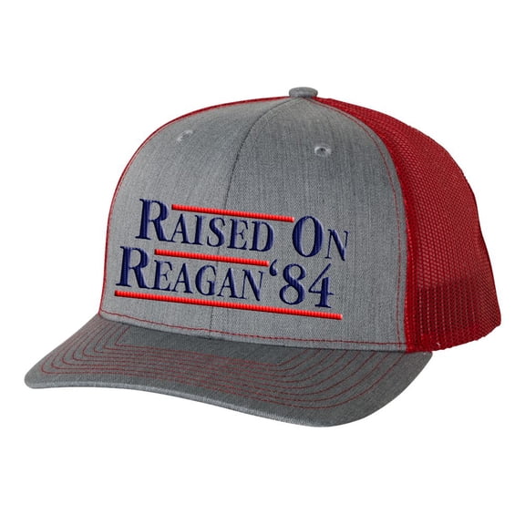 Reagan Bush 1984 Raised On Reagan Political Mens Embroidered Mesh Back Trucker Hat, Heather Grey/Red