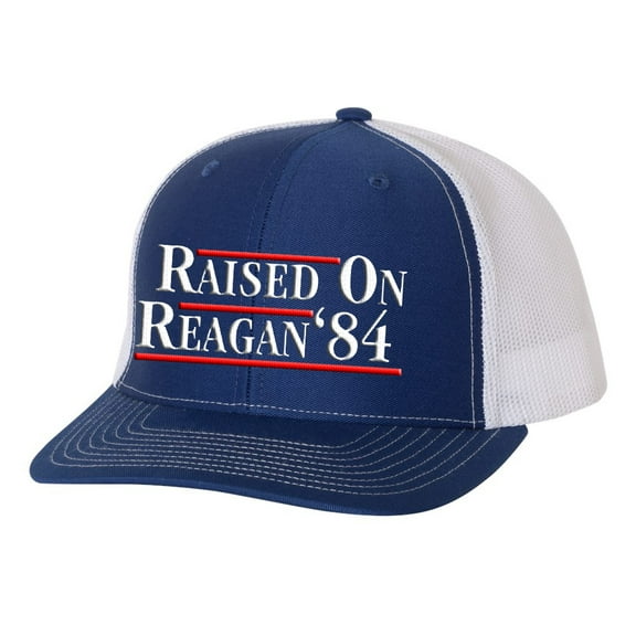 Reagan Bush 1984 Raised On Reagan Political Mens Embroidered Mesh Back Trucker Hat, Royal/White