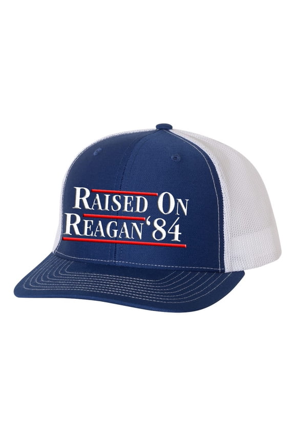 Reagan Bush 1984 Raised On Reagan Political Mens Embroidered Mesh Back Trucker Hat, Royal/White