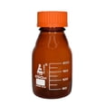 thumbnail image 1 of Reagent Bottle, 250ml - Amber Colored Glass - Orange Screw Cap, Drip Free Pouring Ring - White Graduations - Borosilicate 3.3 Glass - Eisco Labs, 1 of 4
