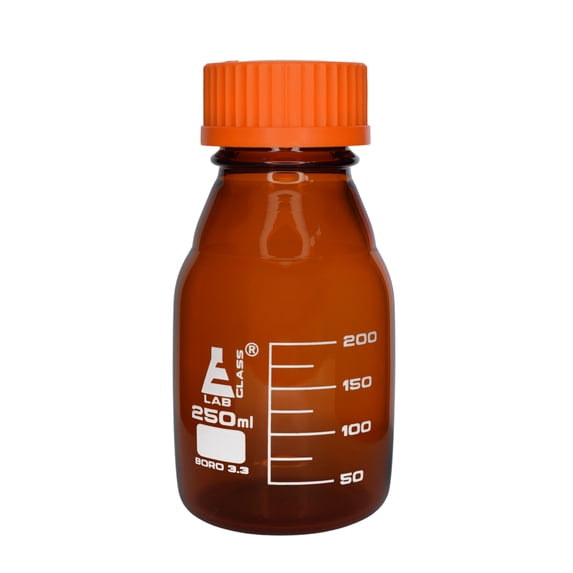 Reagent Bottle, 250ml - Amber Colored Glass - Orange Screw Cap, Drip Free Pouring Ring - White Graduations - Borosilicate 3.3 Glass - Eisco Labs