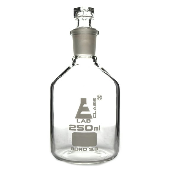 Reagent Bottle, Borosilicate Glass, Narrow Mouth with Interchangeable Hexagonal hollow glass Stopper - 250ml - Eisco Labs