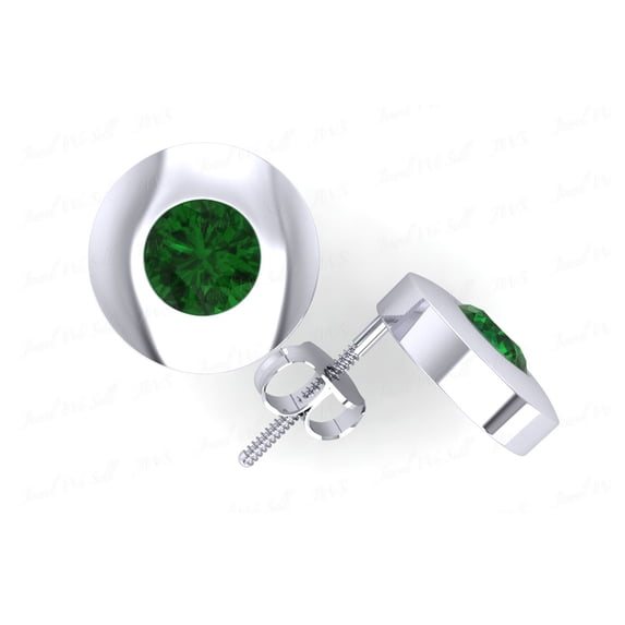 Real 0.5Ct Round Emerald Stud Earrings 18k White Gold Bezel Set Push Back AAA Quality