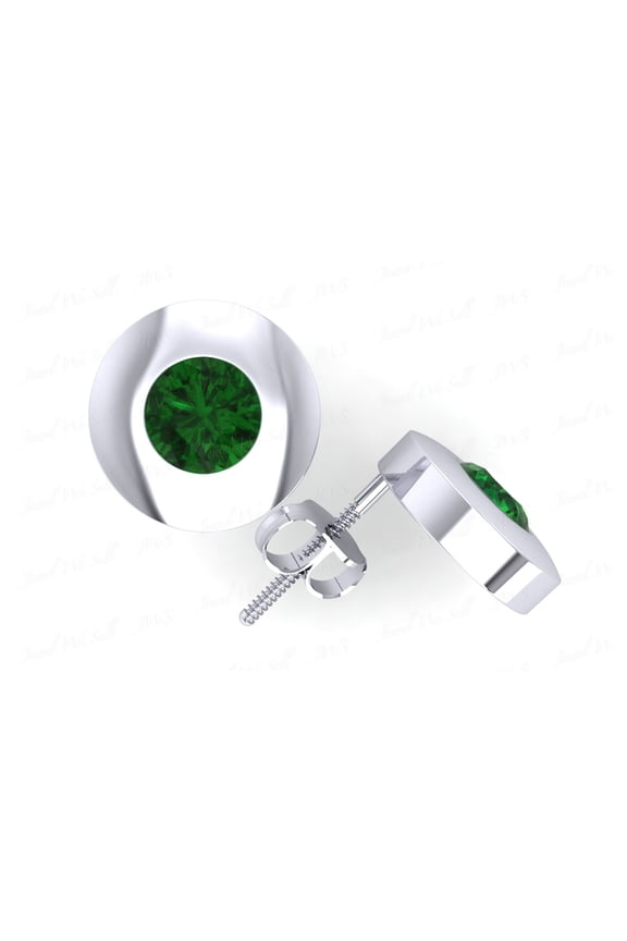 Real 0.5Ct Round Emerald Stud Earrings 18k White Gold Bezel Set Push Back AAA Quality