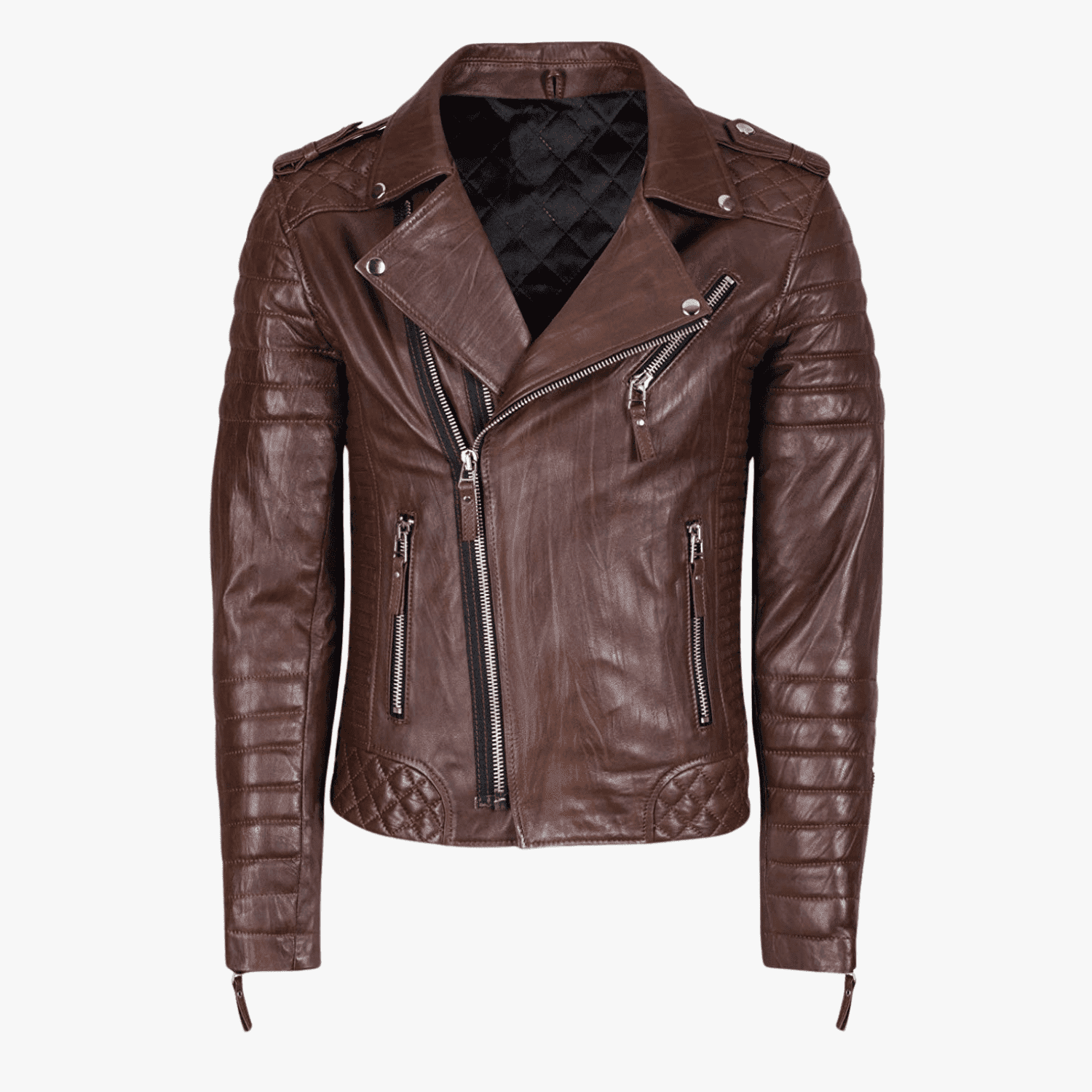 Real 100% Lambskin Dark Brown Leather Jacket Mens Quilted Cafe Racer Biker Stylish Jacket