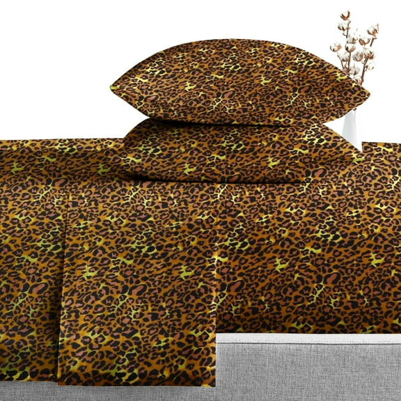 Shrinita 1000 Thread Count Organic Cotton Bedsheet 4 PC Short Queen Leopard Print 25" Deep Pockets
