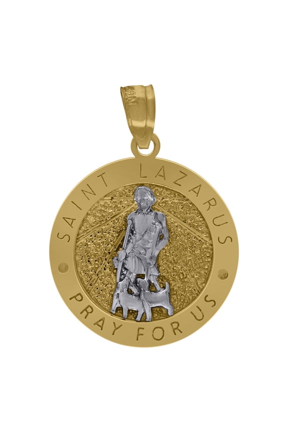 Real 10K Two Tone Gold 0.95" Religious Pray For Us St. Lazarus Medallion Pendant
