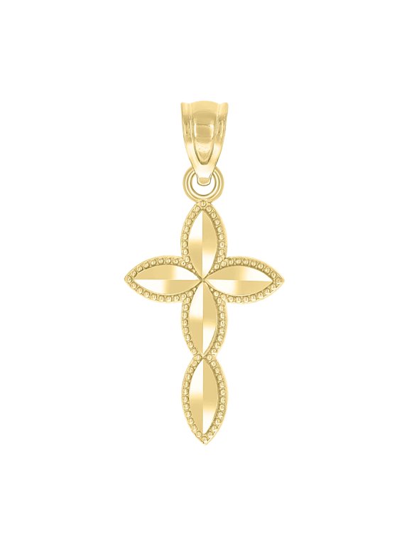 Real 10K Yellow Gold 0.85" Charm Beaded Edge Diamond Cut Passion Cross Pendant